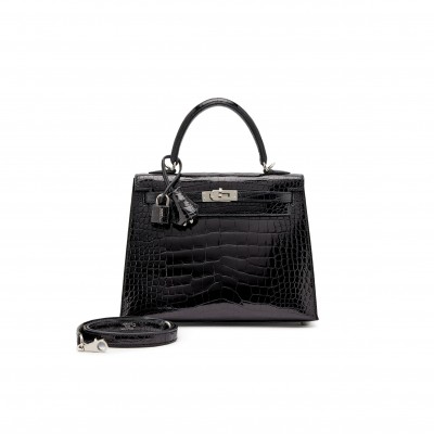 HERMÈS MASTER BLACK SHINY ALLIGATOR KELLY 25 SELLIER PALLADIUM HARDWARE (25*17*7cm) 